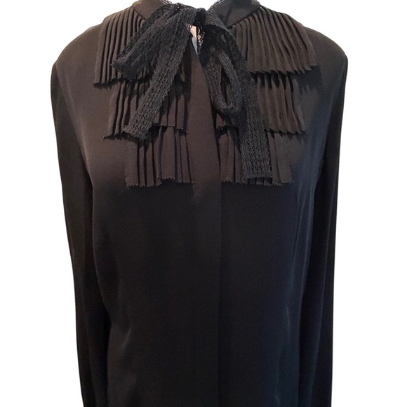Elie Tahari Tops - Elie Tahari Black Chiffon Ruffled High Collar Long Sleeve Blouse‎ Women's Small